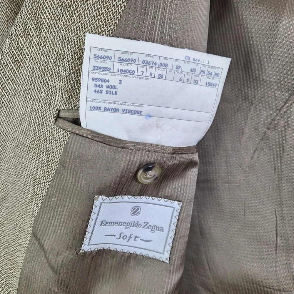 Ermenegildo Zegna Soft Blazer Jacket Mens 56R Beige Silk Wool Blend Switzerland